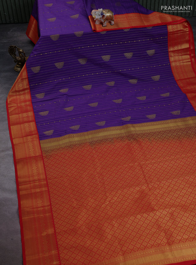 Semi kanchipuram silk saree purple and red with allover zari stripes & buttas and temple design zari woven border