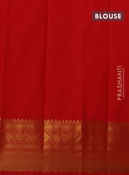 Semi kanchipuram silk saree peach pink and red with allover zari stripes & buttas and temple design zari woven border