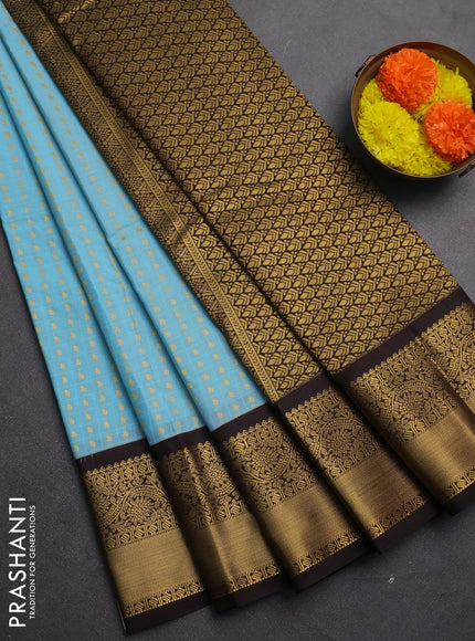 Semi kanchipuram silk saree teal blue and coffee brown with allover checks & 1000 buttas and zari woven border