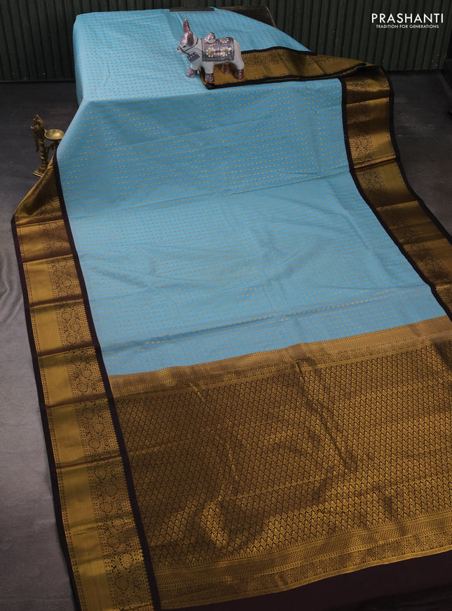 Semi kanchipuram silk saree teal blue and coffee brown with allover checks & 1000 buttas and zari woven border
