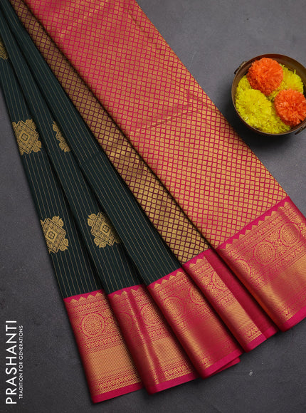 Semi kanchipuram silk saree bottle green and pink with allover zari stripes & buttas and zari woven korvai border