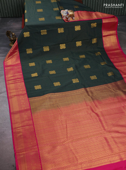Semi kanchipuram silk saree bottle green and pink with allover zari stripes & buttas and zari woven korvai border