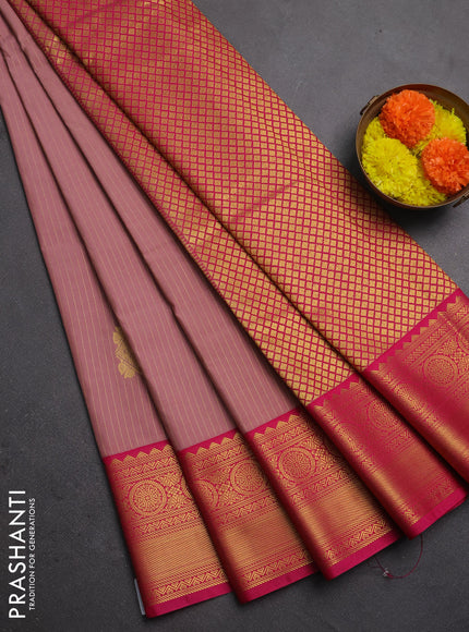 Semi kanchipuram silk saree pastel pink and pink with allover zari stripes & buttas and zari woven korvai border