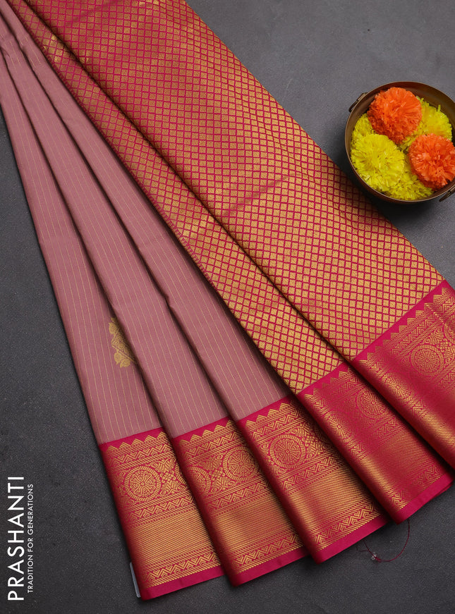 Semi kanchipuram silk saree pastel pink and pink with allover zari stripes & buttas and zari woven korvai border