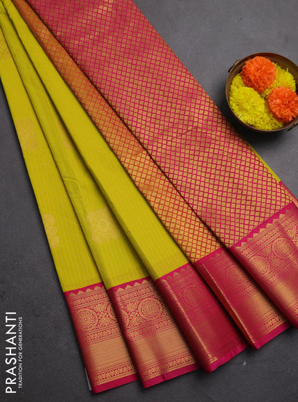 Semi kanchipuram silk saree lime yellow and pink with allover zari stripes & buttas and zari woven korvai border