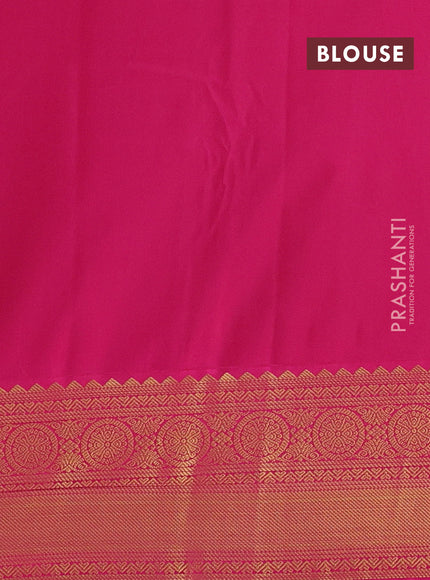 Semi kanchipuram silk saree lime yellow and pink with allover zari stripes & buttas and zari woven korvai border