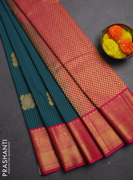 Semi kanchipuram silk saree peacock green and pink with allover zari stripes & buttas and zari woven korvai border