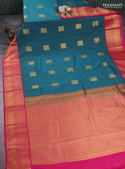 Semi kanchipuram silk saree peacock green and pink with allover zari stripes & buttas and zari woven korvai border