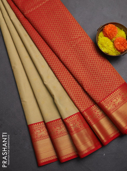 Semi kanchipuram silk saree beige and red with allover small zari checks & buttas and zari woven border