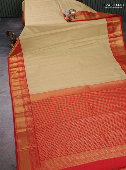 Semi kanchipuram silk saree beige and red with allover small zari checks & buttas and zari woven border