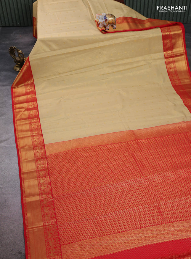 Semi kanchipuram silk saree beige and red with allover small zari checks & buttas and zari woven border