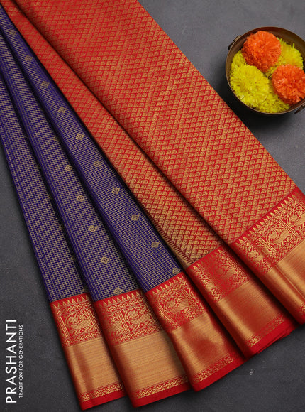 Semi kanchipuram silk saree violet and red with allover small zari checks & buttas and zari woven border