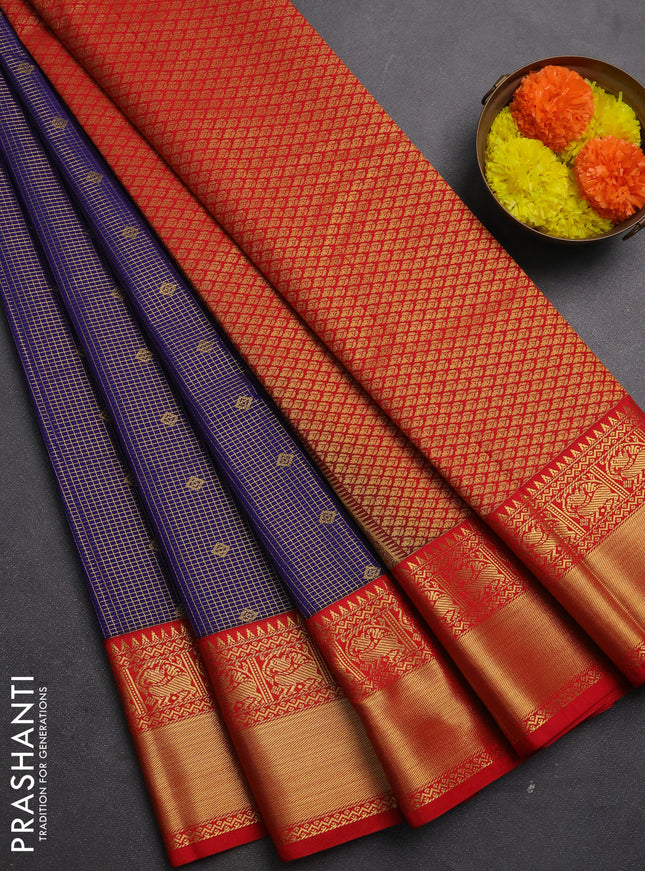 Semi kanchipuram silk saree violet and red with allover small zari checks & buttas and zari woven border
