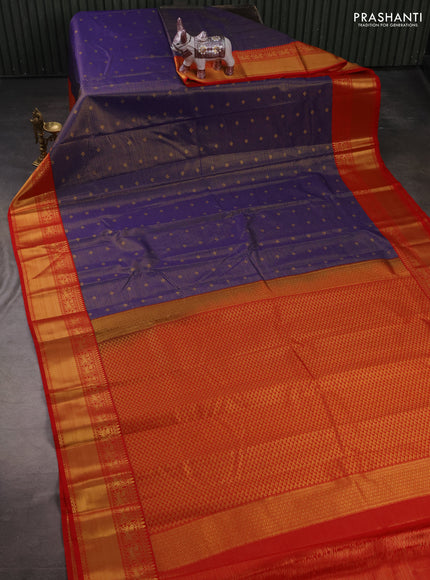 Semi kanchipuram silk saree violet and red with allover small zari checks & buttas and zari woven border