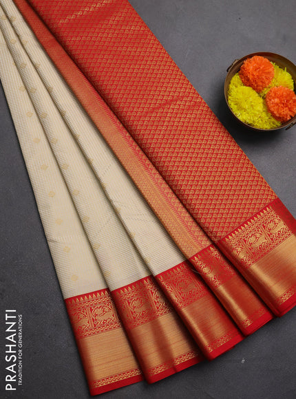 Semi kanchipuram silk saree cream and red with allover small zari checks & buttas and zari woven border