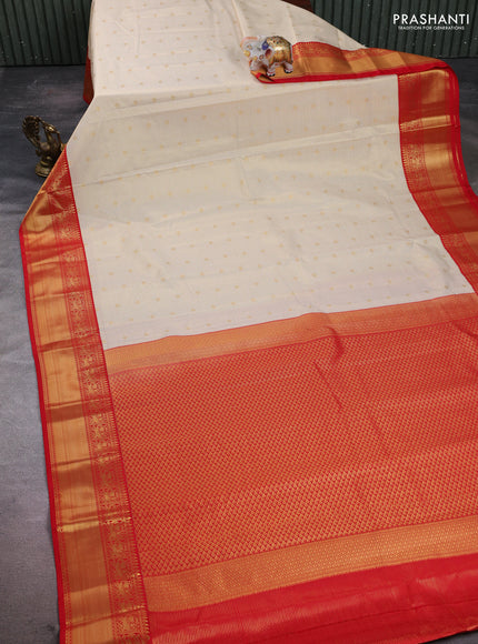 Semi kanchipuram silk saree cream and red with allover small zari checks & buttas and zari woven border