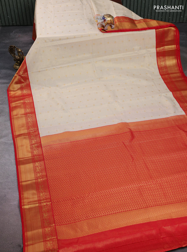 Semi kanchipuram silk saree cream and red with allover small zari checks & buttas and zari woven border