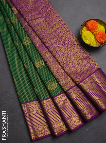 Semi kanchipuram silk saree green and purple with allover small zari checks & buttas and zari woven korvai border