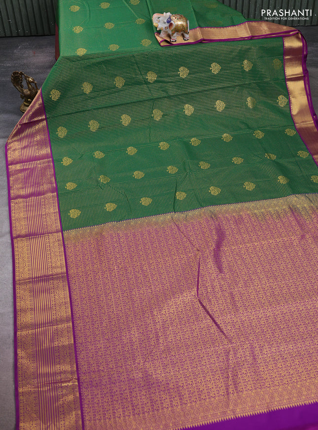 Semi kanchipuram silk saree green and purple with allover small zari checks & buttas and zari woven korvai border