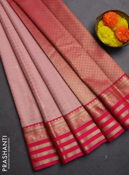 Semi kanchipuram silk saree pastel pink and pink with allover zari checks & buttas and zari woven korvai border