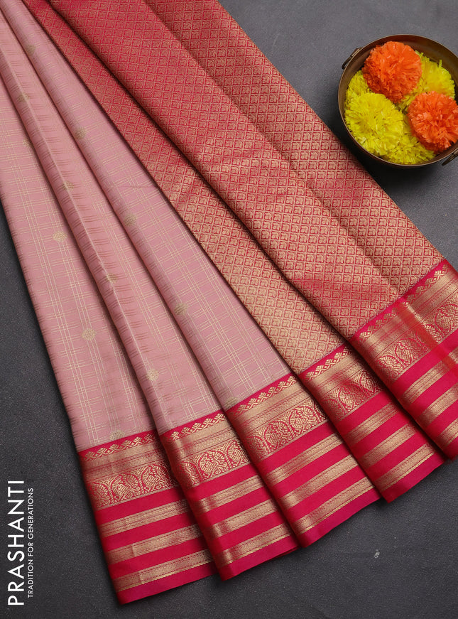 Semi kanchipuram silk saree pastel pink and pink with allover zari checks & buttas and zari woven korvai border