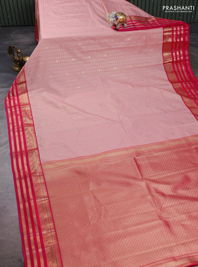 Semi kanchipuram silk saree pastel pink and pink with allover zari checks & buttas and zari woven korvai border