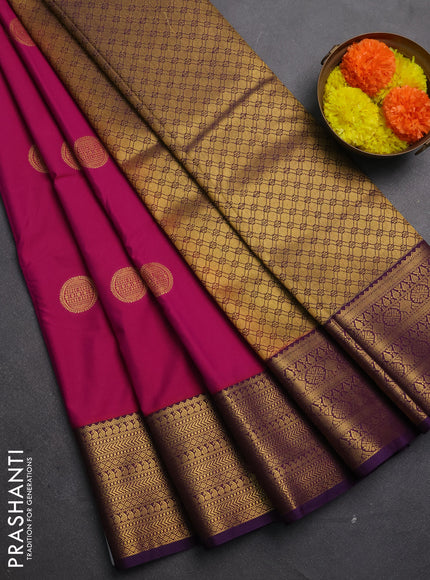 Semi kanchipuram silk saree dark magenta pink and purple with zari woven buttas and zari woven korvai border