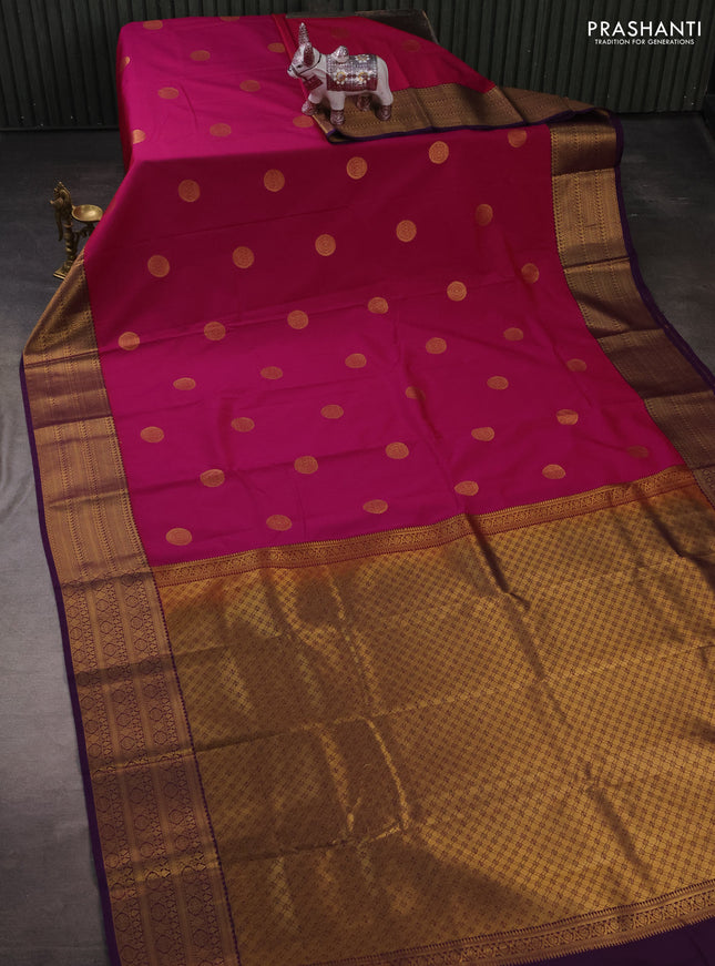 Semi kanchipuram silk saree dark magenta pink and purple with zari woven buttas and zari woven korvai border