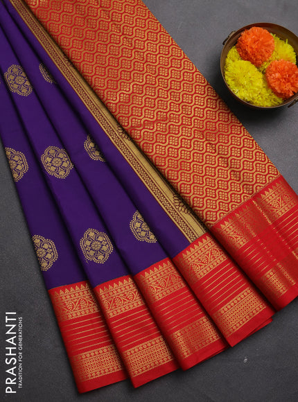Semi kanchipuram silk saree navy blue and red with zari woven buttas and temple design zari woven korvai border