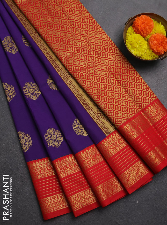 Semi kanchipuram silk saree navy blue and red with zari woven buttas and temple design zari woven korvai border