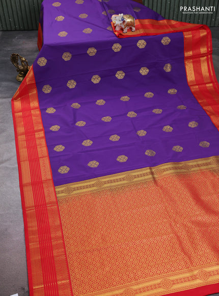 Semi kanchipuram silk saree navy blue and red with zari woven buttas and temple design zari woven korvai border