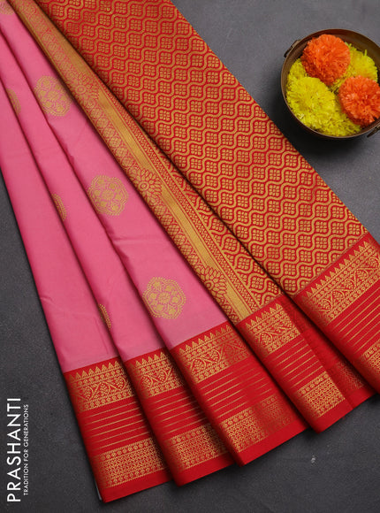 Semi kanchipuram silk saree pink and red with zari woven buttas and temple design zari woven korvai border
