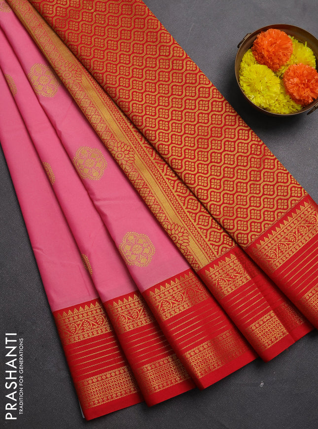 Semi kanchipuram silk saree pink and red with zari woven buttas and temple design zari woven korvai border