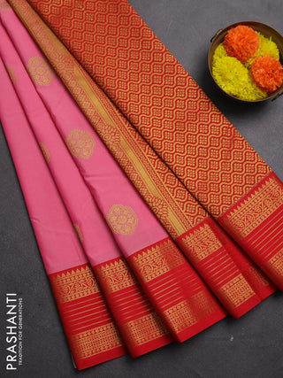 Semi kanchipuram silk saree pink and red with zari woven buttas and temple design zari woven korvai border