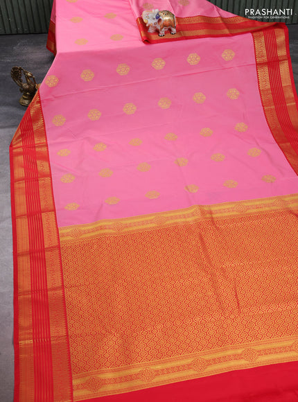 Semi kanchipuram silk saree pink and red with zari woven buttas and temple design zari woven korvai border