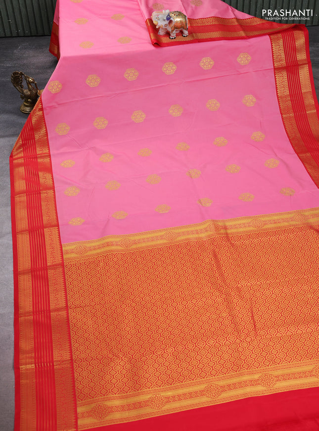 Semi kanchipuram silk saree pink and red with zari woven buttas and temple design zari woven korvai border
