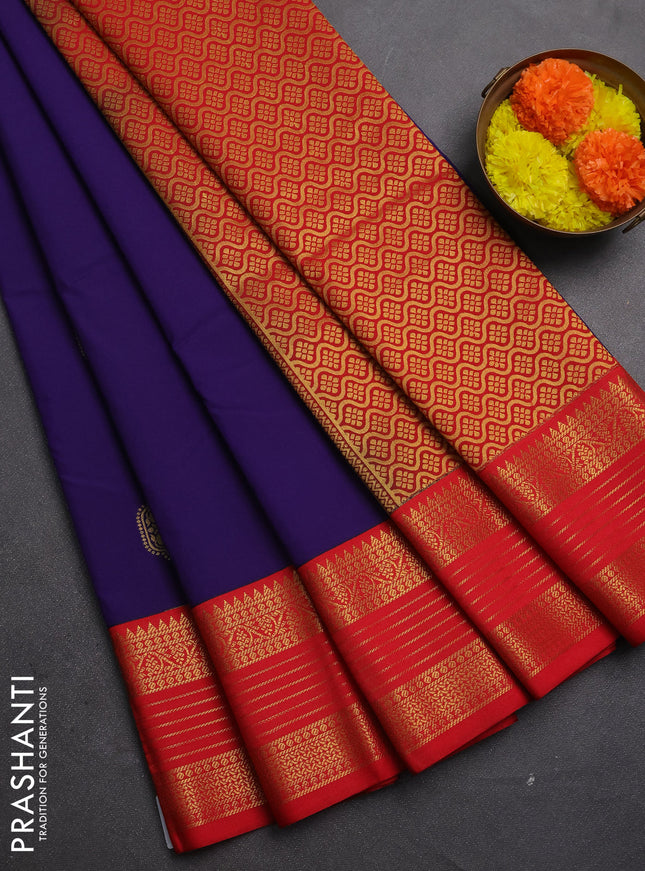 Semi kanchipuram silk saree navy blue and red with zari woven buttas and temple design zari woven korvai border