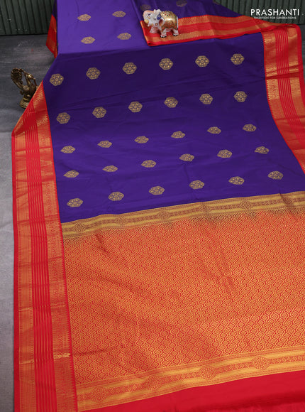Semi kanchipuram silk saree navy blue and red with zari woven buttas and temple design zari woven korvai border