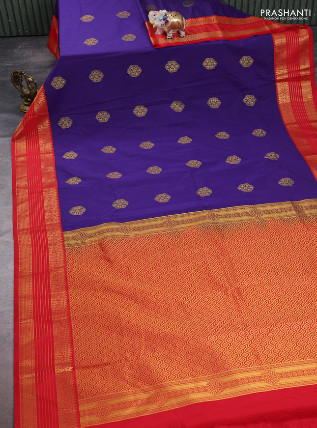 Semi kanchipuram silk saree navy blue and red with zari woven buttas and temple design zari woven korvai border