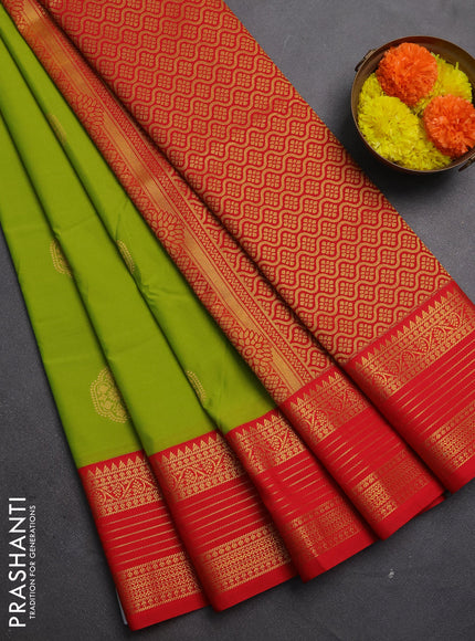 Semi kanchipuram silk saree lime green and red with zari woven buttas and temple design zari woven korvai border