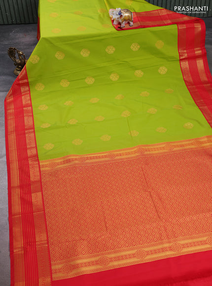 Semi kanchipuram silk saree lime green and red with zari woven buttas and temple design zari woven korvai border