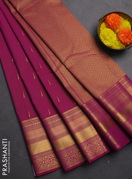 Semi kanchipuram silk saree magenta pink with allover zari stripe & buttas and long zari woven border