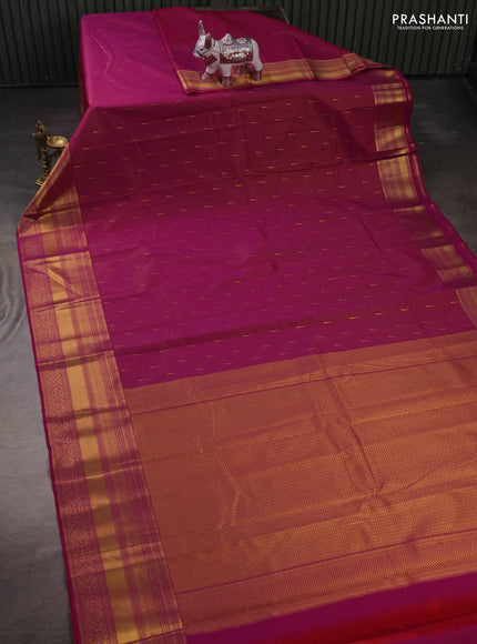Semi kanchipuram silk saree magenta pink with allover zari stripe & buttas and long zari woven border