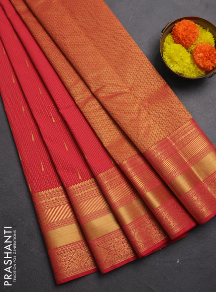 Semi kanchipuram silk saree tomato pink with allover zari stripe & buttas and long zari woven border
