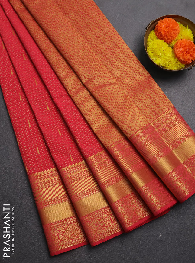 Semi kanchipuram silk saree tomato pink with allover zari stripe & buttas and long zari woven border