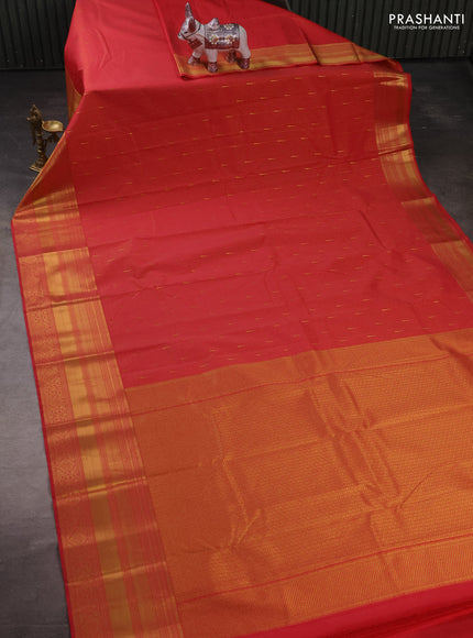Semi kanchipuram silk saree tomato pink with allover zari stripe & buttas and long zari woven border
