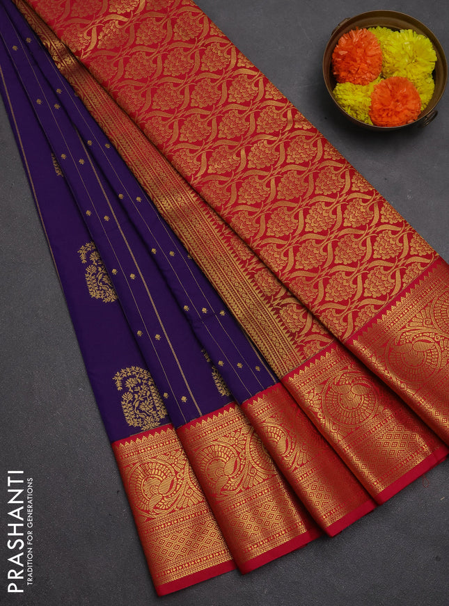 Semi kanchipuram silk saree purple and pink with allover zari weaves & buttas and temple design zari woven border