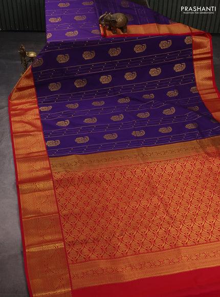Semi kanchipuram silk saree purple and pink with allover zari weaves & buttas and temple design zari woven border