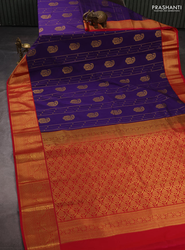 Semi kanchipuram silk saree purple and pink with allover zari weaves & buttas and temple design zari woven border