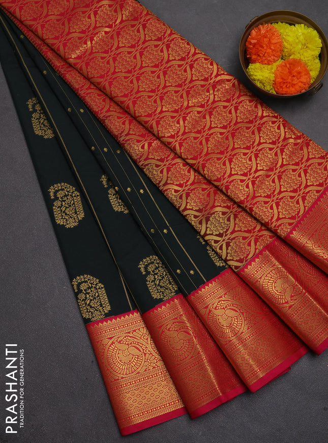 Semi kanchipuram silk saree bottle green and pink with allover zari weaves & buttas and temple design zari woven border